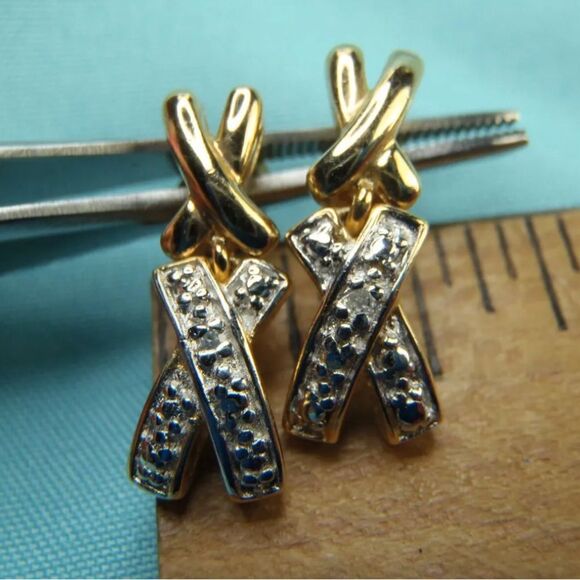 Beautiful 14K Gold Over Sterling Silver X DIAMOND STUD DANGLE Earrings - Picture 8 of 8